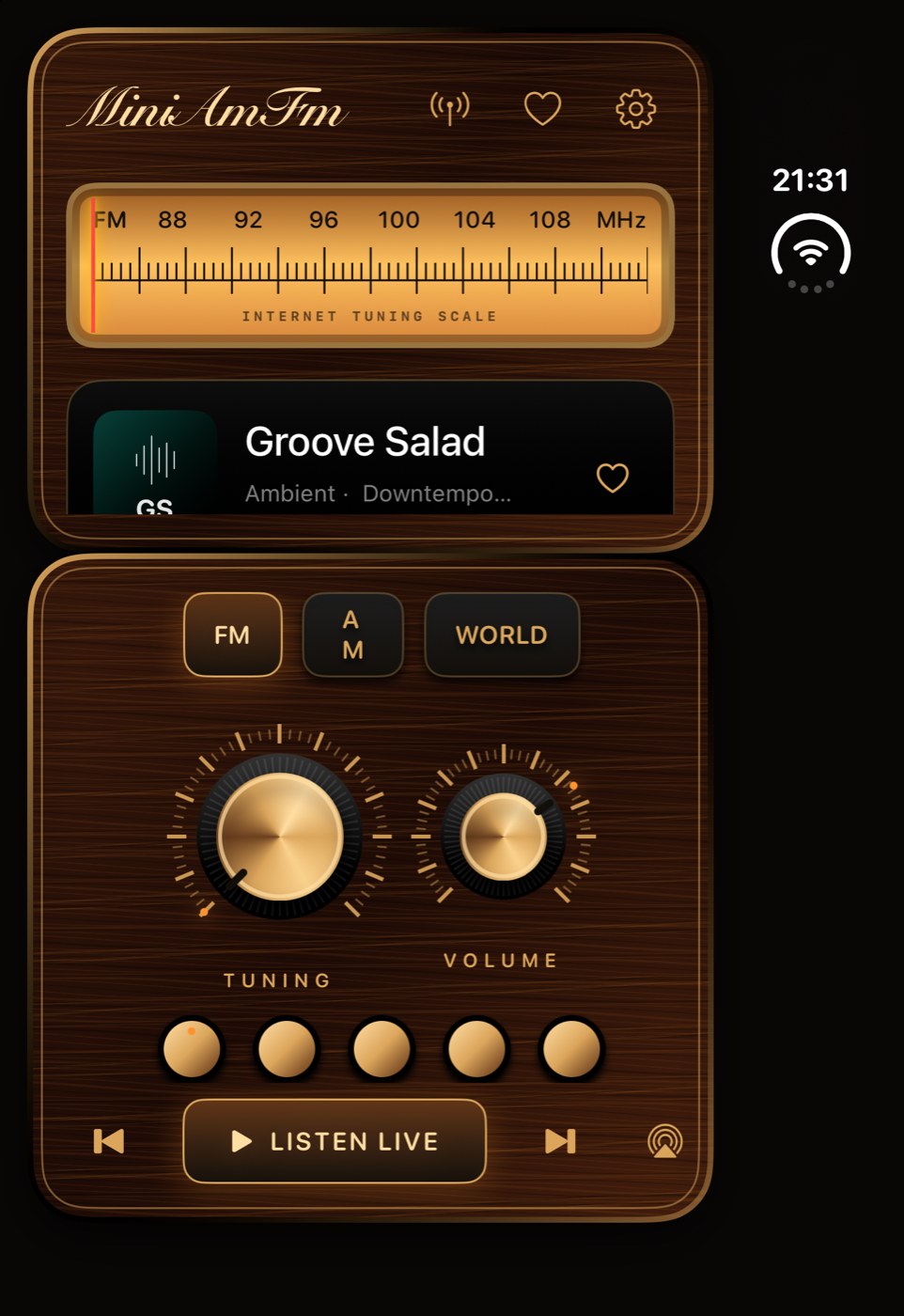 MiniAmFm running on the iPhone Duo simulator, showing the receiver above its brass tuning controls